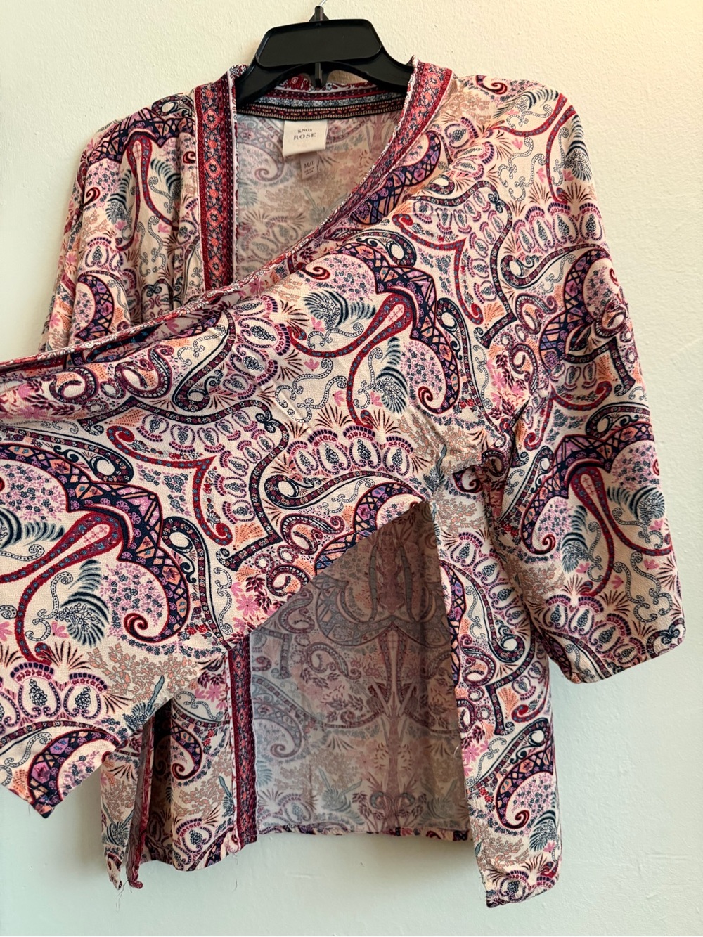 Knox Rose Pink Multi Paisley Open-Front Kimono Cardigan size M/L